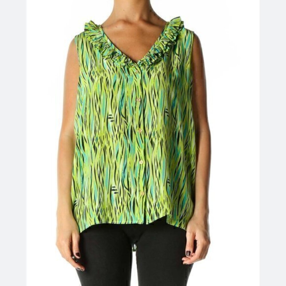 Lilly Pulitzer 100% Silk Vibrant Green Print Button Down Blouse Size 6
